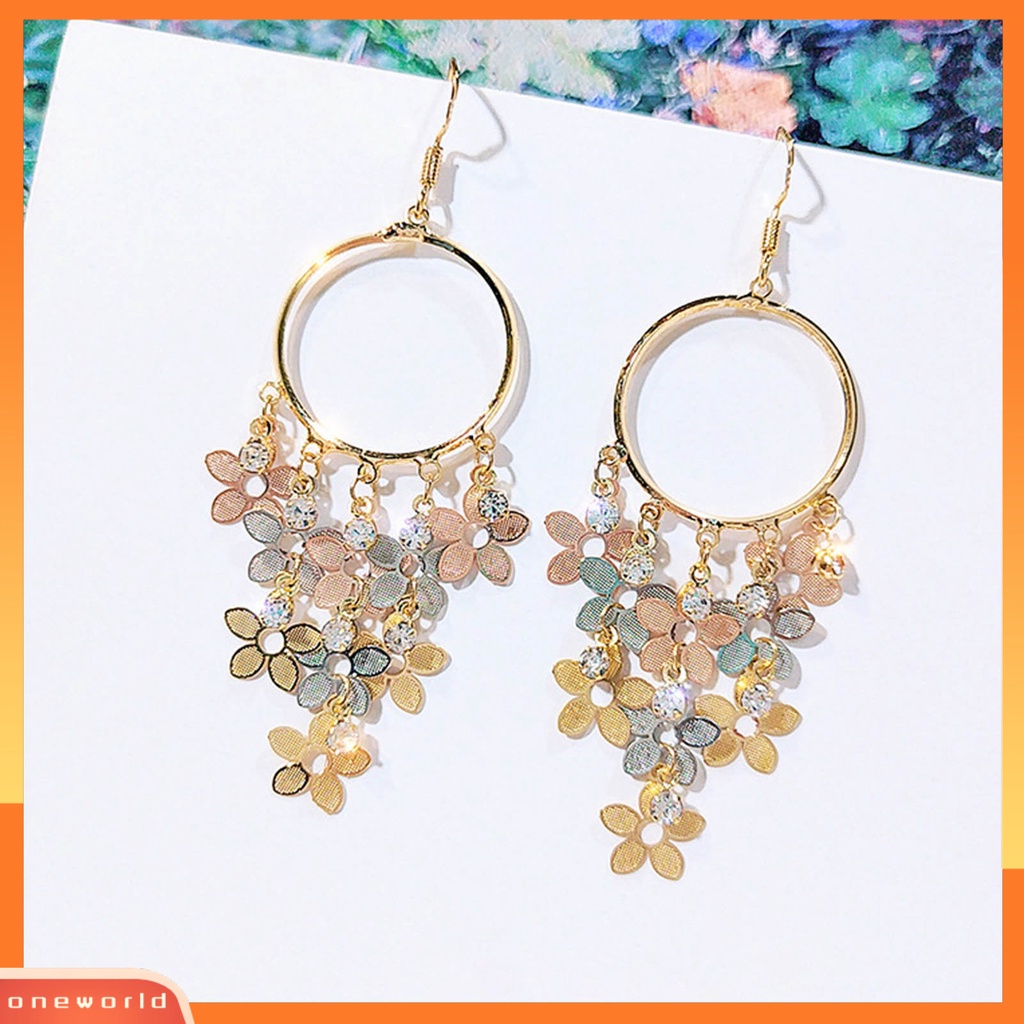 [EONE] 1pasang Anting Menjuntai Desain Dreamcatcher Bunga High Gloss Cubic Zirconia Glitter Berdandan Temperamen Bohemian Rumbai Drop Earrings Perhiasan Aksesori