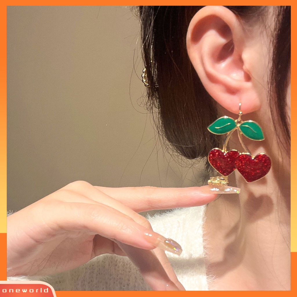 [EONE] 1pasang Anting Kait Lucu Bentuk Buah Daun Hijau Tetesan Minyak Cherry Merah Wanita Drop Earrings Fashion Perhiasan