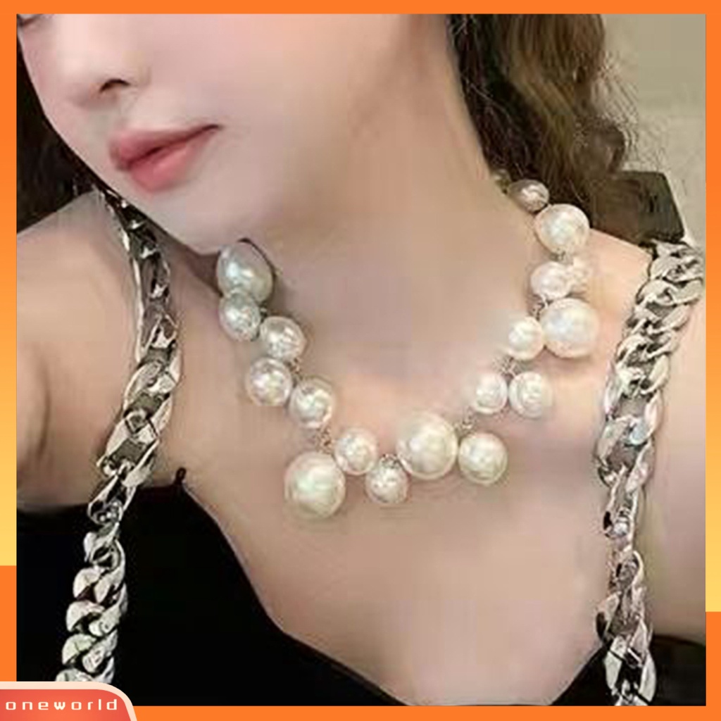 [EONE] Wanita Kalung Berlebihan Manik-Manik Tidak Teratur Elegan Ekstensi Rantai High Gloss Mutiara Imitasi Klavikula Kalung Fashion Perhiasan