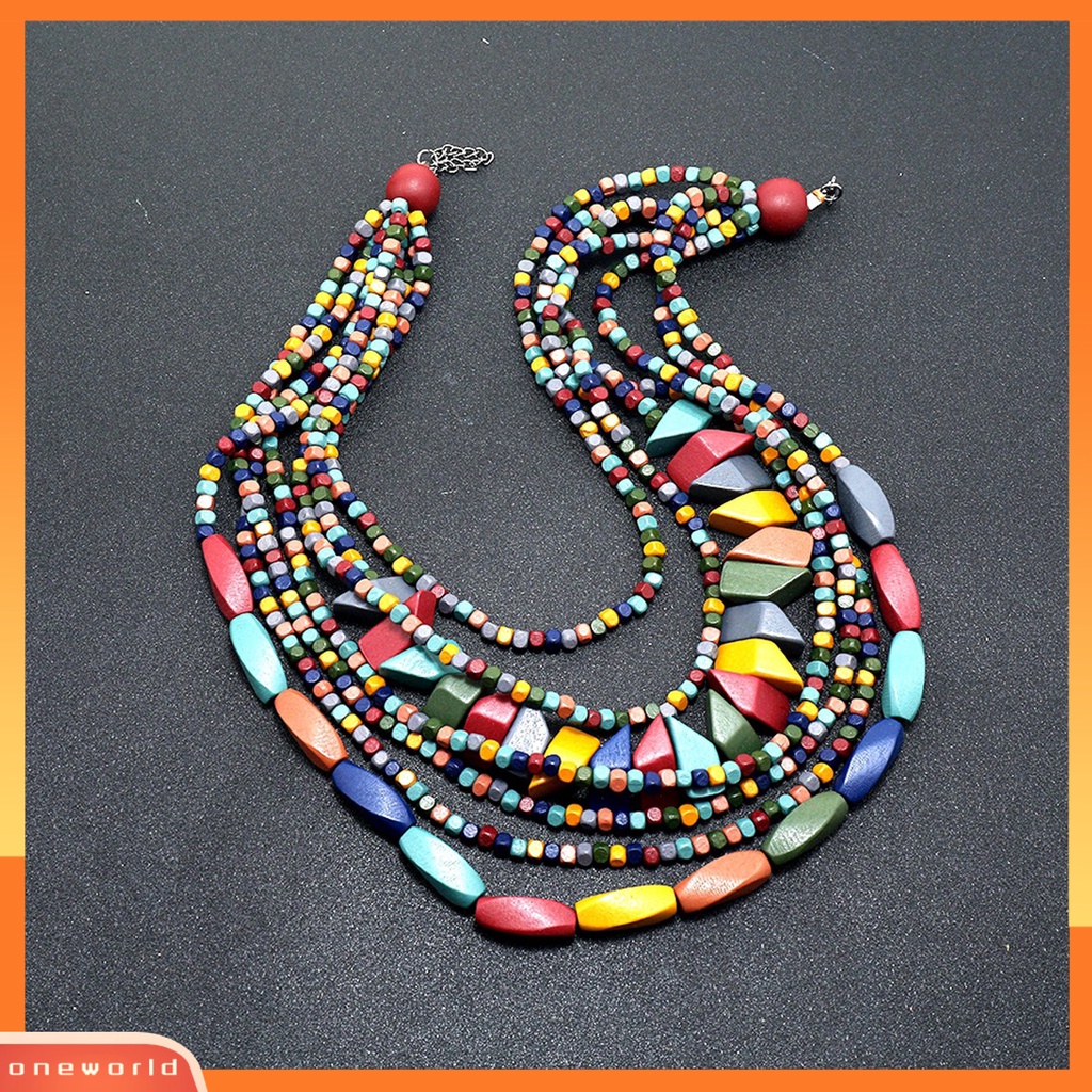 [EONE] Pesta Kalung Berlebihan Vintage Multilayer Handmade Colorful Beads Dress Up Fashion Item Etnik Rumbai Kayu Manik-Manik Bib Kalung Pesta Liburan Perhiasan