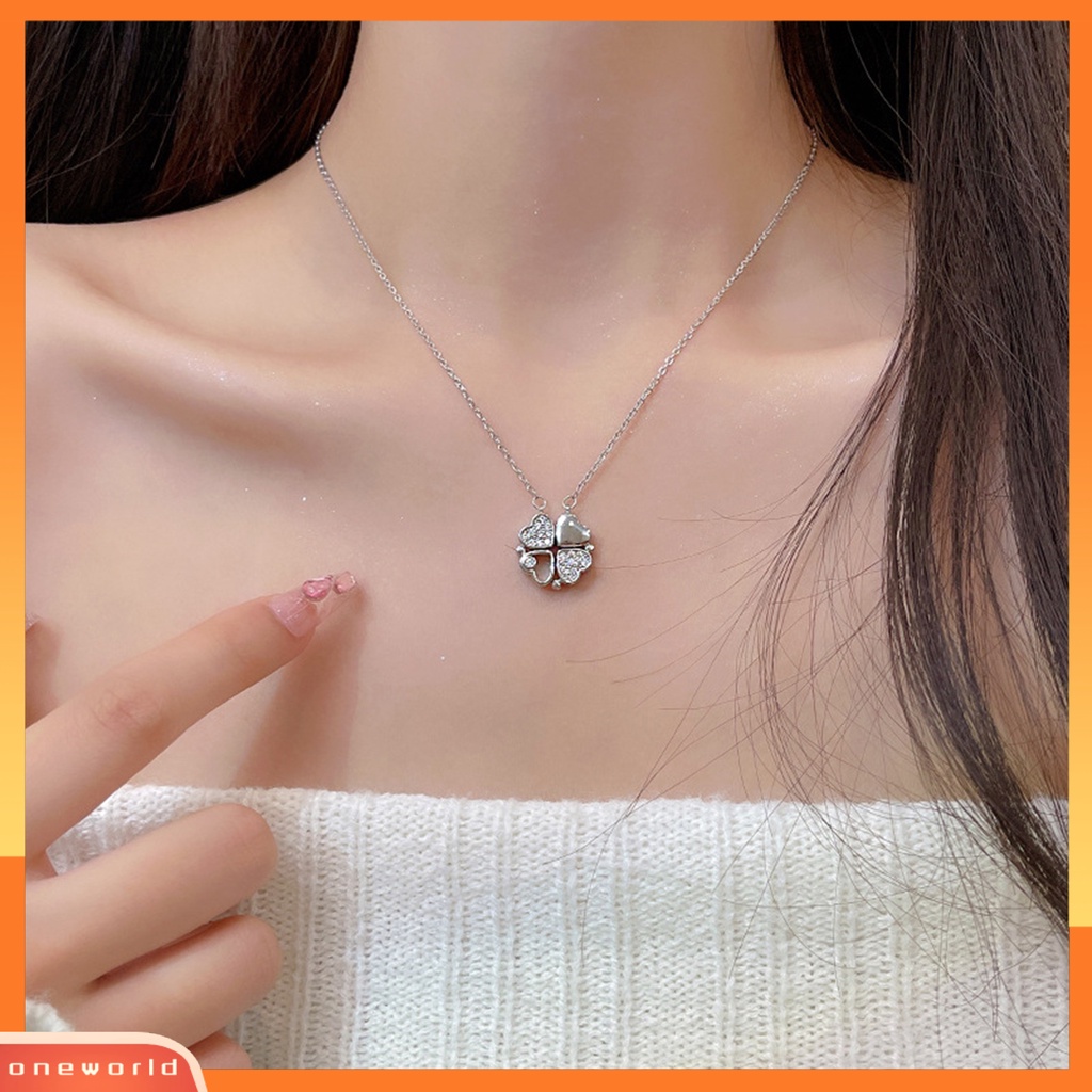 [EONE] Wanita Kalung ic Cinta Hati Mewah Baja Titanium Berlian Imitasi Tertanam Empat Daun Semanggi Liontin Kalung Fashion Perhiasan