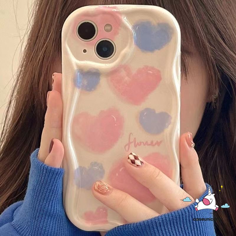 Casing Tepi Lengkung Bergelombang 3D Shockproof Kompatibel Untuk iPhone 7Plus 11 14 12 13 Pro Max XR X7 8 6s 6 Plus XS Max SE 2020 8Plus Pink Watercolor Flower Love Heart Soft Glossy Cover