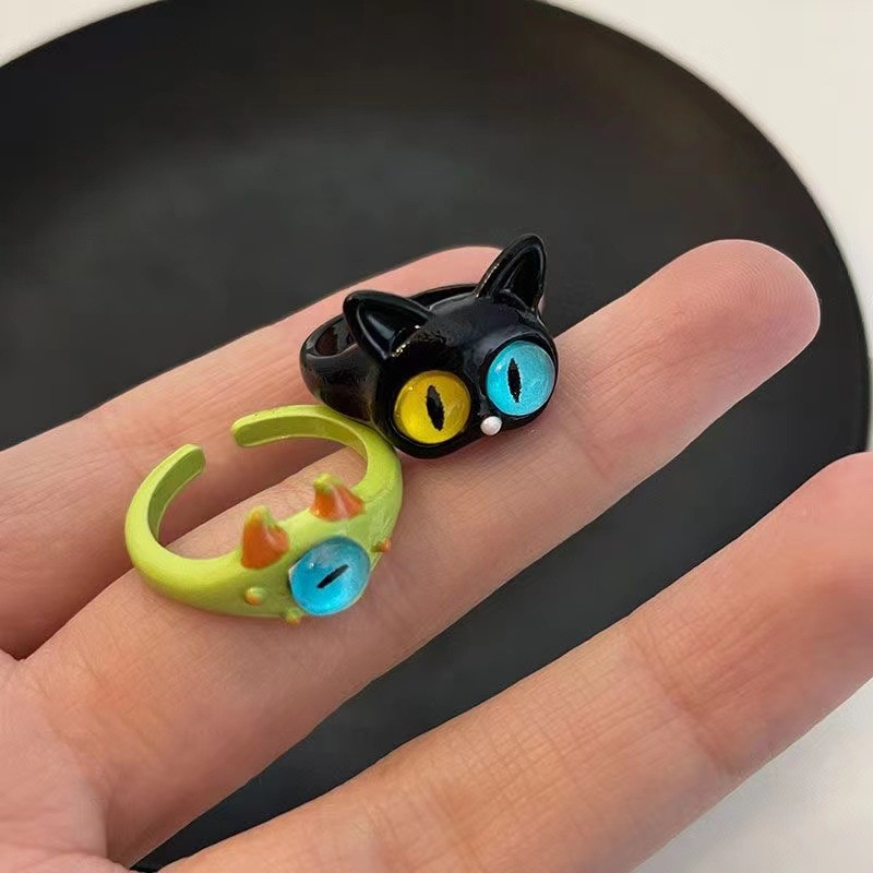 Kartun Hijau Monster Cincin Fashion Manis Dua Warna Mata Kucing Pembukaan Cincin Kekasih Pasangan Cincin Gadis Aksesoris Fashion