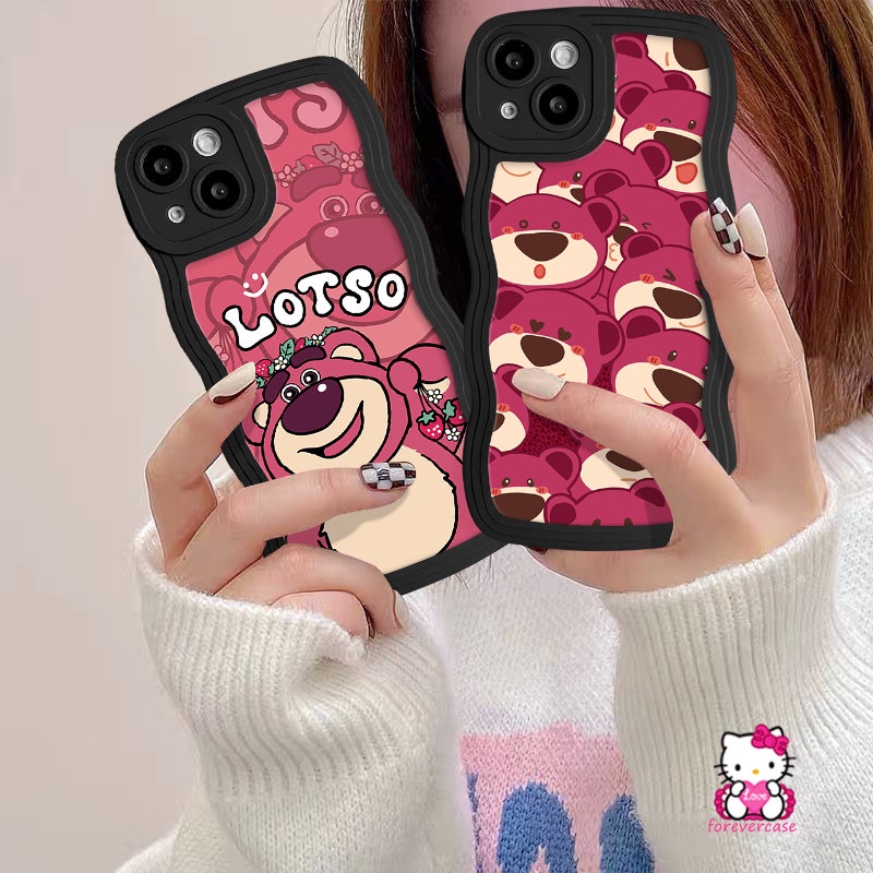 Kartun Strawberry Bear Manyo Case Untuk Realme C53 C55 C12 C35 C33 C25 C30 C15 C25Y C20 C11 C25s C21Y C20A C17 C3 10 8i 7 9 Pro+ 5 8Pro 6i 9i 85s 7i 5i Lembut Tpu Tepi Bergelombang Sarung