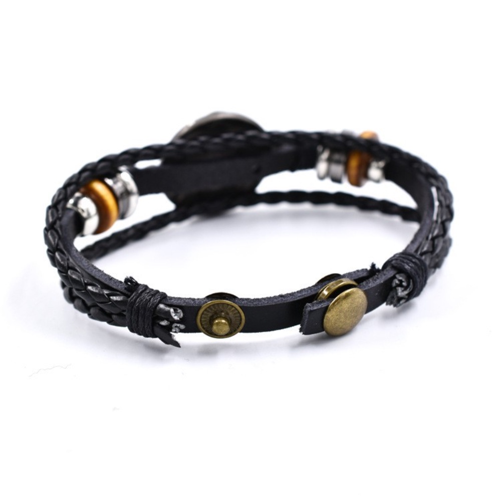 [X C Gelang] Baru Singa Afrika Gelang Hitam Kulit Vintage Hip Hop Punk Gelang Kulit Lengan Manik-Manik Multilayer Zinc Alloy Anyaman Gelang