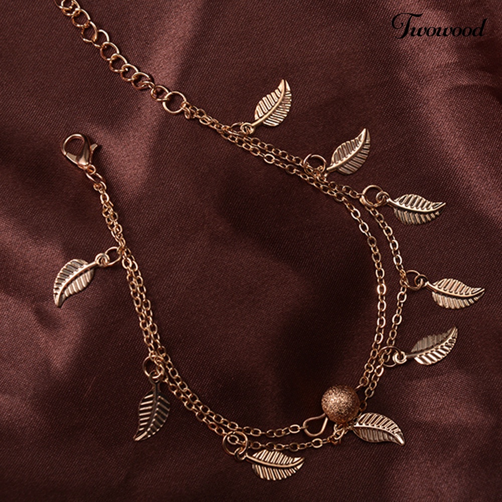 Twowood Double Layer Leaves Charm Anklet Kaki Rantai Musim Panas Wanita Sandal Ankle Bracelet