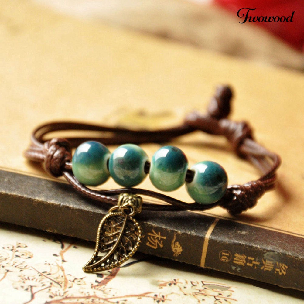 Twowood Etnik Daun Kucing Pesona Keramik Manik-Manik Gelang Wanita Handwoven Perhiasan Hadiah