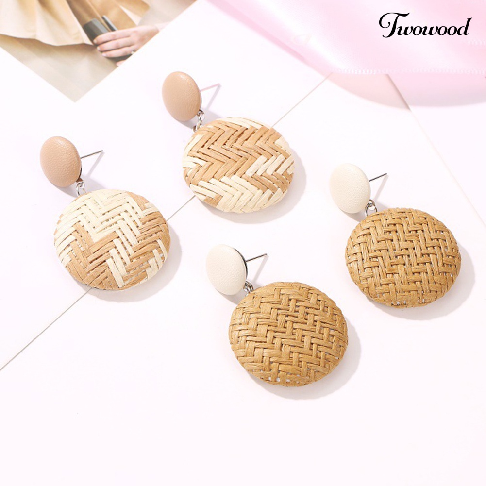 Twowood Boho Wanita Geometris Tombol Bulat Anyaman Jerami Menjuntai Stud Earrings Perhiasan