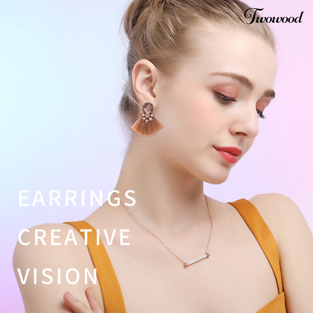 Twowood Wanita Berlebihan Tetesan Air Berlian Imitasi Bentuk Kipas Rumbai Stud Earrings Jewelry