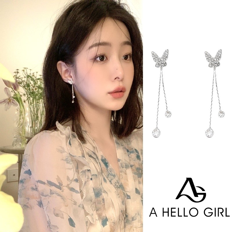 Ahellogirl S925 Perak Jarum Ins Wanita Kupu-Kupu Anting Rumbai Gaya Fashion Baru Wajah Bulat Anting Panjang