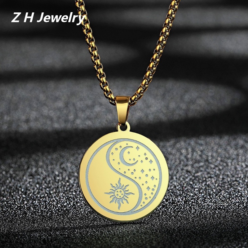 Z H Perhiasan Stainless Steel Tai Chi Yin Yang Bulan Matahari Liontin Pria Kalung Fashion Retro Hip Hop Pesta Perhiasan Aksesoris Hadiah Ulang Tahun