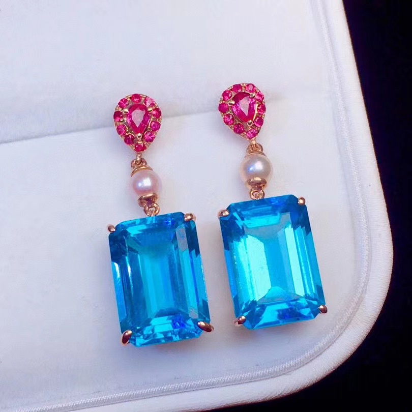 Goldkingdom Fashion Perhiasan Aksesoris Ready Stock Bertatahkan Dengan Alami Swiss Topa Biru Putri Persegi Berlian Anting Merah Korundum Earrings.