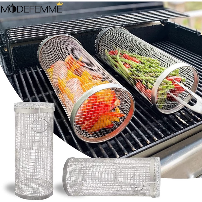 Round BBQ Mesh Barrel with Handle Portable Irit Alat Masak Stainless Steel Makanan Memanggang Keranjang Tahan Panas Panggang Rolling Cylinder