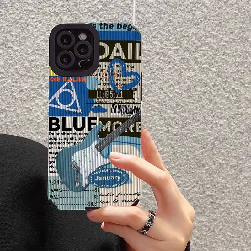 Lamb Skin Fashion Blue Blue Guitar Soft Case IPhone 6S 7 Plus 8 Plus X XS XR XS Max 11 13 12 14 PRO Max 14 Plus 12 13 mINI SE Phone Case Black for Women GIRL