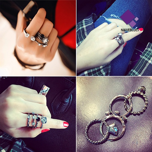 &lt; Naiveblues &gt; 4Pcs Wanita Retro Punk Berlian Imitasi Cincin Set Mid Finger Ring Fashion