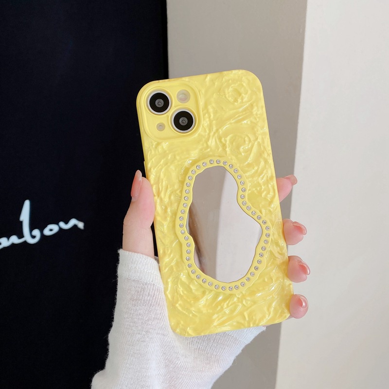 【Rose Flower Mirror】Fashion Pretty Yellow Make up Bling Silicone Case for iPhone 11 12 13 14 Pro Max Phone Case for Women Girl Gift Ins