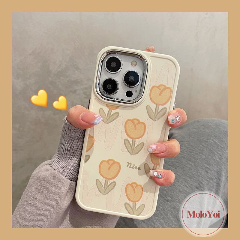 IPHONE Luxury Plating Electroplate Fresh Tulip Flower Phone Case Kompatibel Untuk Iphone11 14 12 13 Pro MAX 7plus 8plus XR X7 8 Plus XS MAX Frame Lensa Metal Shockproof Soft Cover