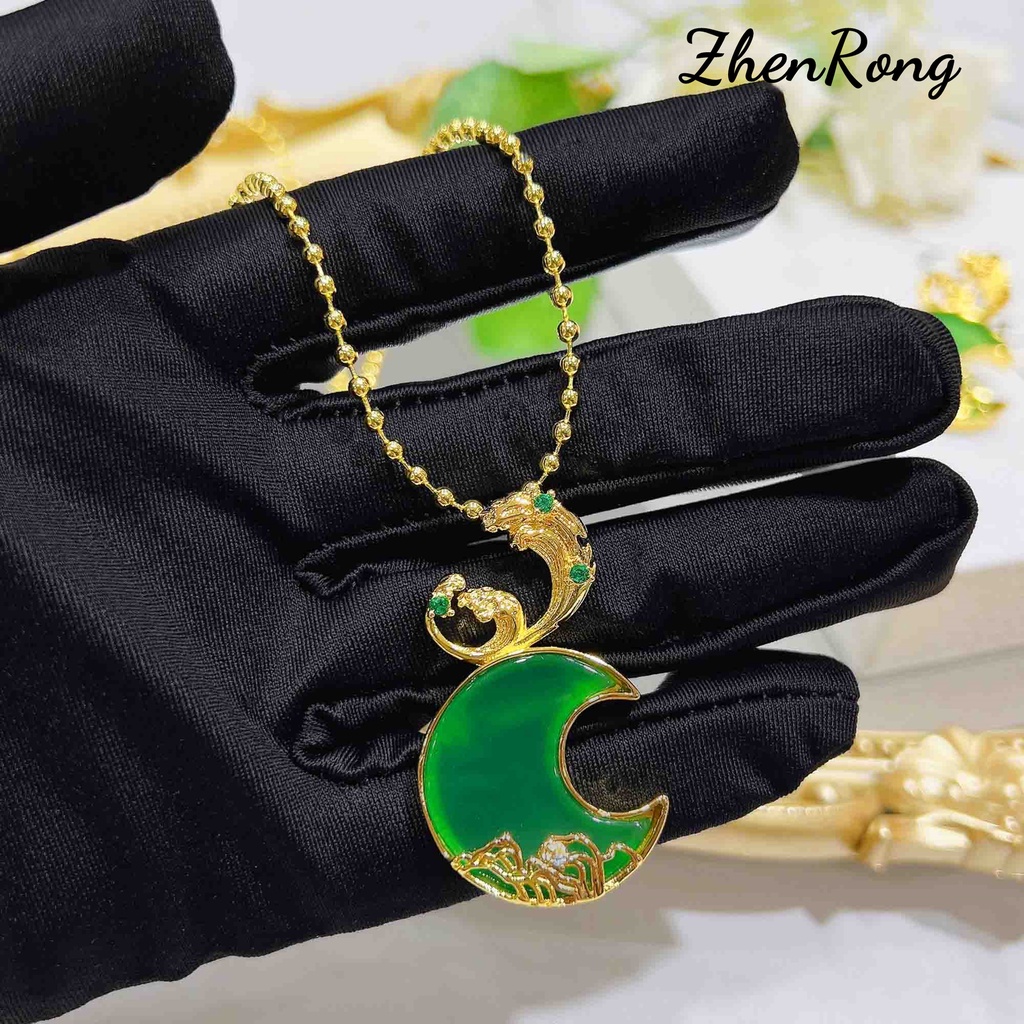 Goldkingdom Fashion Perhiasan Aksesoris Ready Stock Cinta Abadi Giok Kalsedon Kalung Bros Dengan Dua Liontin Batu Akik Giok Bulan Pasang Anting