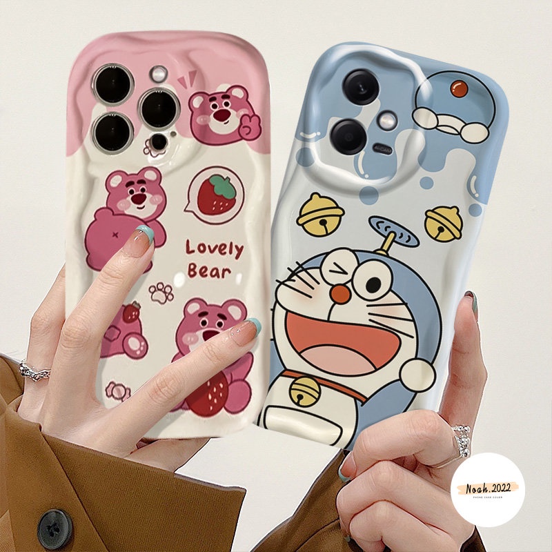 Case Untuk Redmi 10A A1 10 9A A2 9T 9 10C 9C NFC POCO M3 Redmi Note 12 11 10s Note 9 8 11s Note10 Pro Cute Manyo Bear Kartun Doraemon 3D Wavy Curved Edge Glossy Airbag Couple Cover