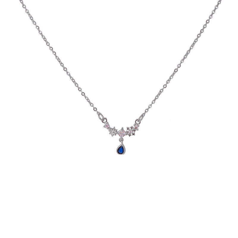 Kalung Tetes Air Zirkon Biru Wanita Musim Panas Cahaya Mewah Desain Niche Merasa Manis Keren Temperamen High-End Klavikula Rantai