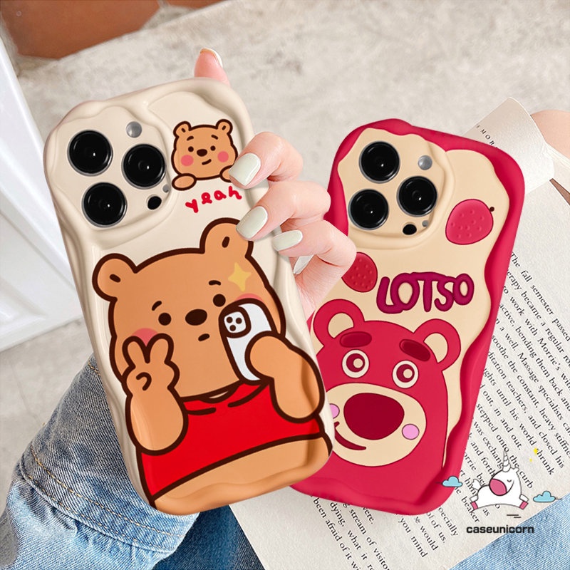 REDMI Untuk Redmi10 A1 10A 9A 10C A2 9T 9 9C NFC Note11 11s 10s 10 Pro Max Plus 10Pro POCO M3 Kartun Strawberry Bear Manyo Cute Winnie the Pooh 3D Wavy Curved Edge Soft Tpu Couple Case