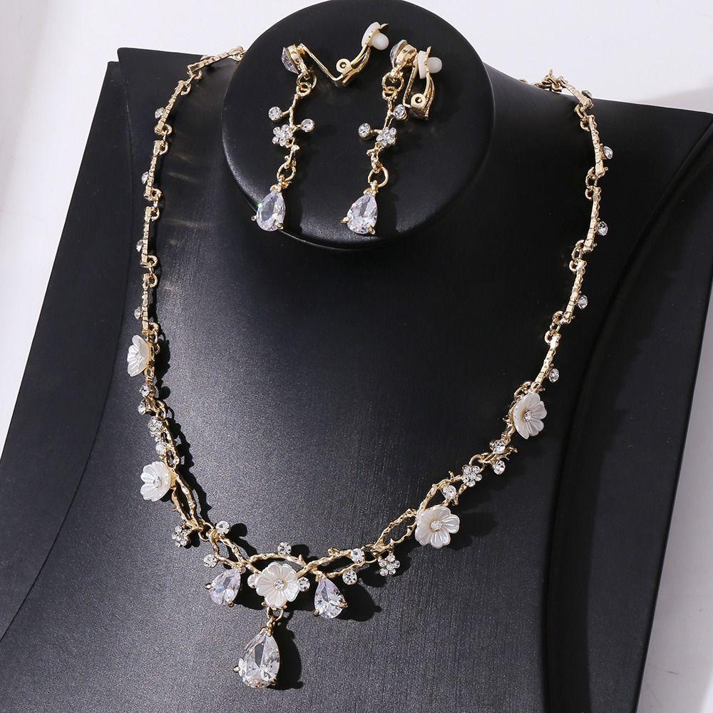 Needway   Set Perhiasan Pernikahan Perak Trendy Daun Emas Kawin Mewah Unik Kalung Kristal Mengkilap