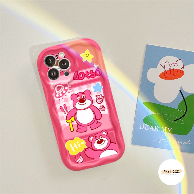 IPHONE Toy Story Strawberry Bear Pasangan Case Lucu Kompatibel Untuk Iphone11 Pro MAX 6 6S 78 Plus 12 14 13 Pro MAX XR X XS MAX 3D Wavy Curved Edge Glossy Airbag Shockproof Soft Cover