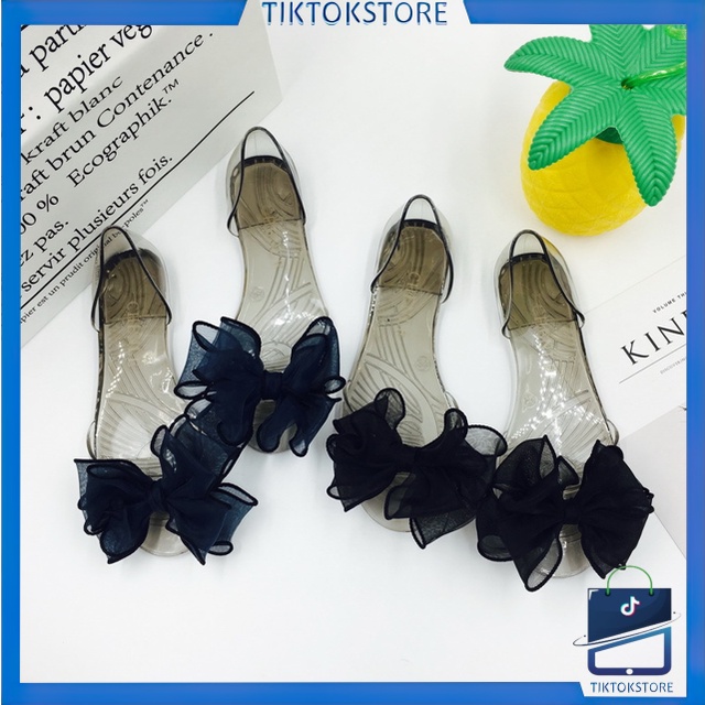 TIKTOK - D6144 Ribbon Transparent Slipper / Flat Jelly Shoes / Sandal Wanita Flat / Sepatu Flat Wanita / Sandal Wanita / Sandal Transparan Pita