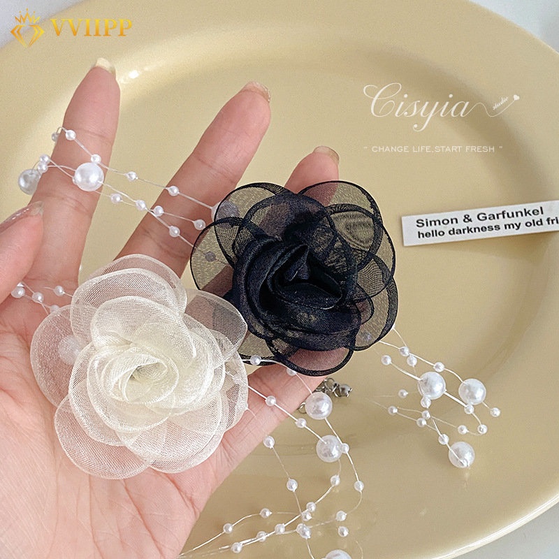 Mutiara Multilayer Kalung Untuk Wanita Hitam Putih Phantom Bunga Renda Choker Aksesoris Perhiasan