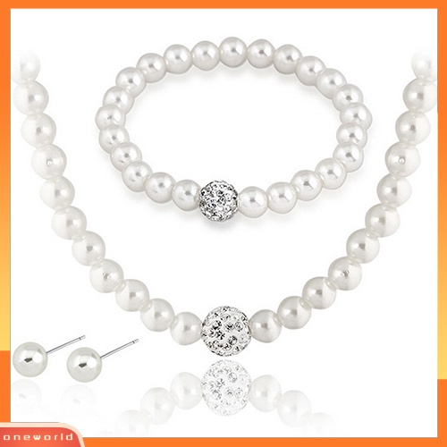 [ONE] Set Perhiasan Pernikahan Pengantin Wanita Kristal Mutiara Imitasi Kalung Gelang Anting