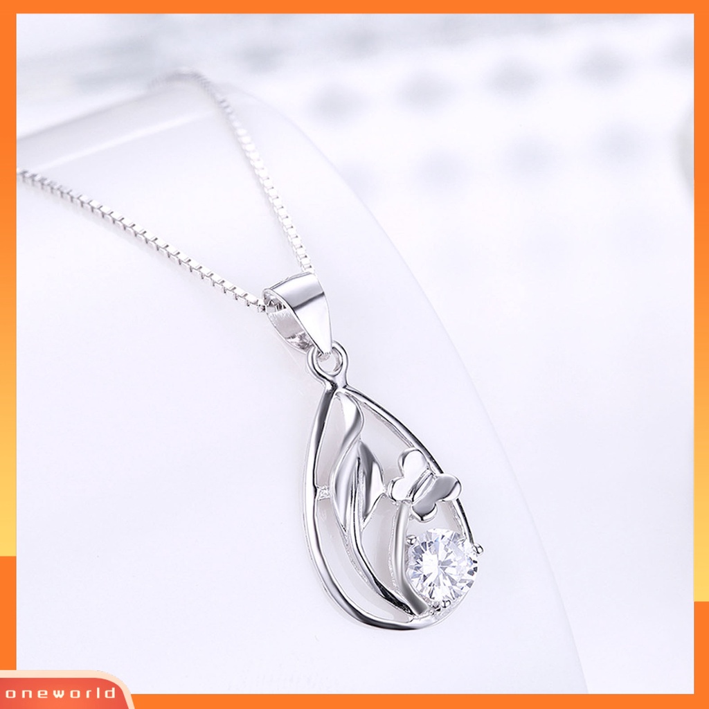 [ONE] Silverhoo 925kalung Klavikula Perak Berongga Tetesan Air Bunga Rumput Cubic Zirconia Necklace Untuk Pacaran