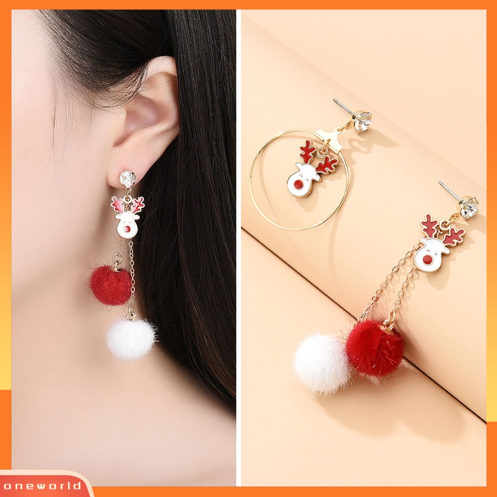 [ONE] 1pasang Anting Pejantan Asimetris Berlian Imitasi Mengkilap Merah Putih Pompom Cincin Besar Hadiah Lucu Natal Elk Drop Earrings Perhiasan Fashion