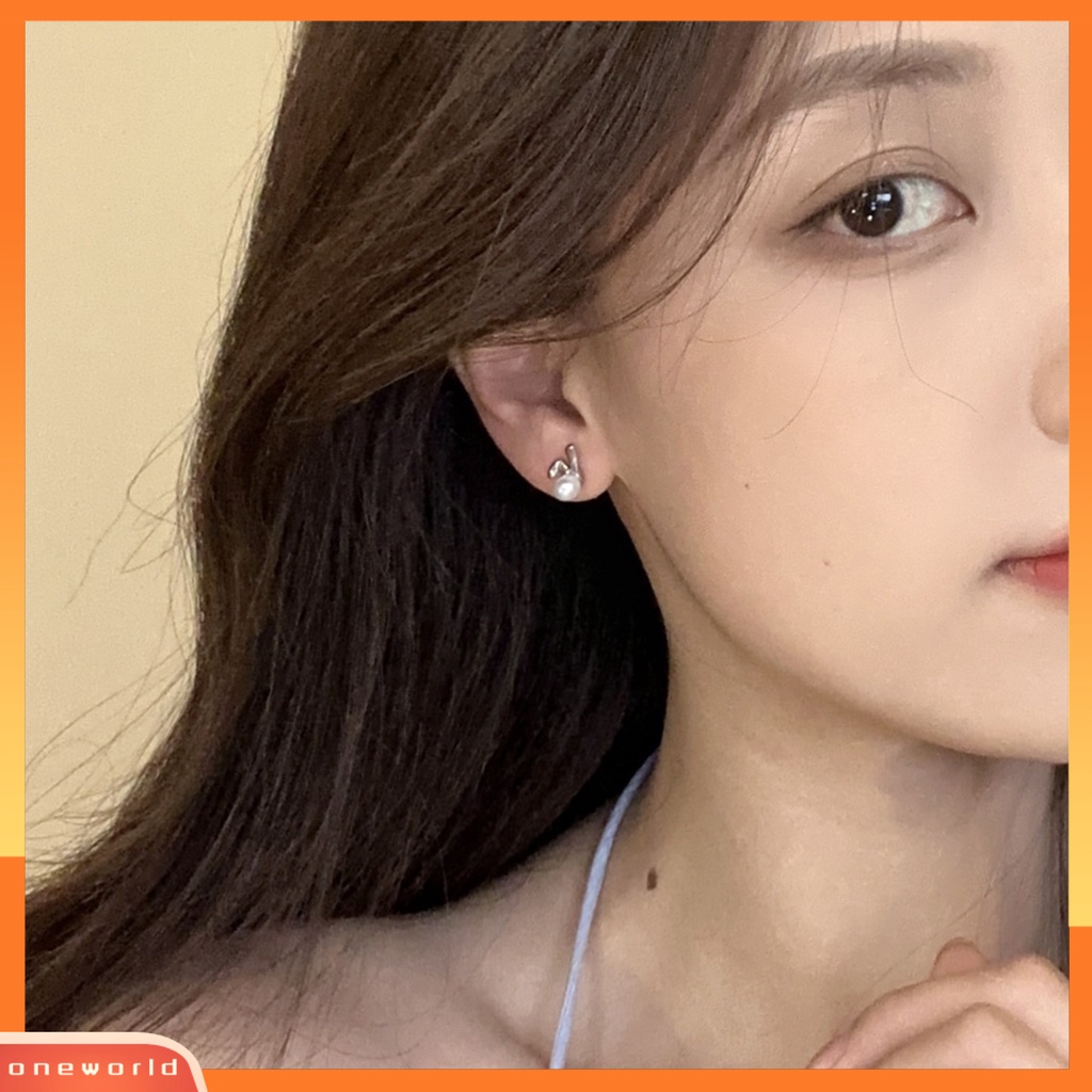 [ONE] 1pasang Cute Rabbit Ear Studs Shiny Faux Pearl Kecil Alloy Wanita Remaja Perempuan Stud Earrings Fashion Perhiasan Hadiah