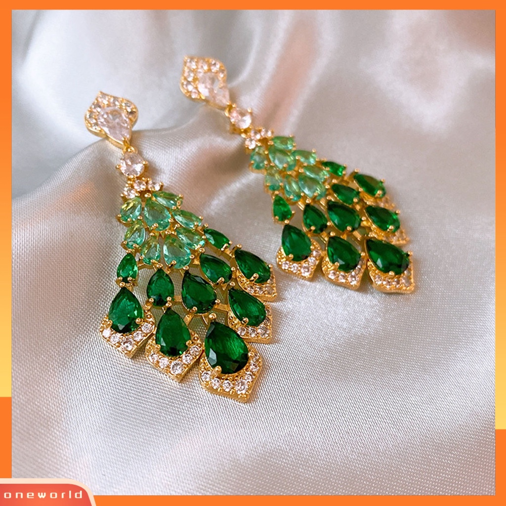 [ONE] 1pasang Drop Earrings Faux Green Kristal Bulu Bentuk Elegan Vintage Hadiah Cantik Nonallergic Berlian Imitasi Bertatahkan Menjuntai Anting-Anting Perhiasan Fashion