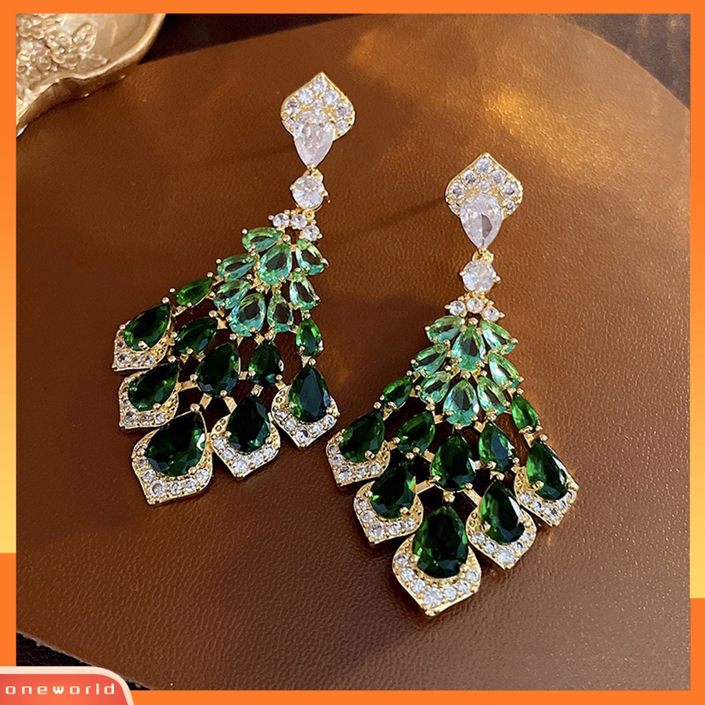 [ONE] 1pasang Drop Earrings Faux Green Kristal Bulu Bentuk Elegan Vintage Hadiah Cantik Nonallergic Berlian Imitasi Bertatahkan Menjuntai Anting-Anting Perhiasan Fashion