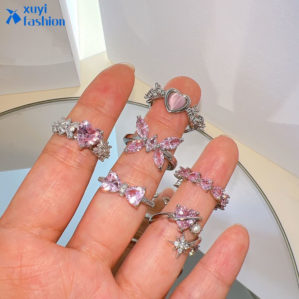 Y2k Merah Muda Hati Kristal Cincin Kupu-Kupu Disney Zirkon Titanium Rings Untuk Wanita Fashion Perhiasan Aksesoris