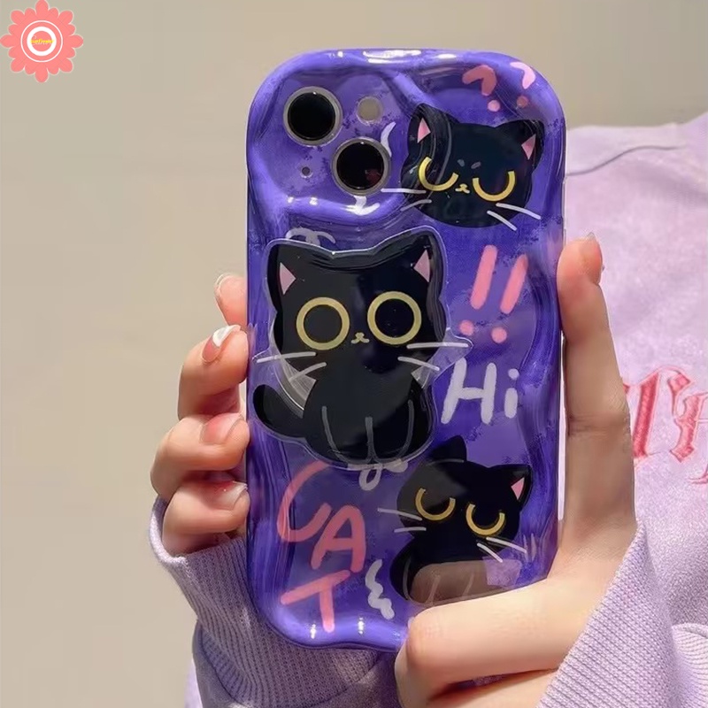 IPHONE Kartun Indah Kucing Lucu Dengan Ponsel Hloder Stand Bracket Casing Kompatibel Untuk Iphone11 13 12 14 Pro Max XR 78 6 6s Plus X XS Max SE 2020 3D Wavy Curved Edge Soft Case Cover