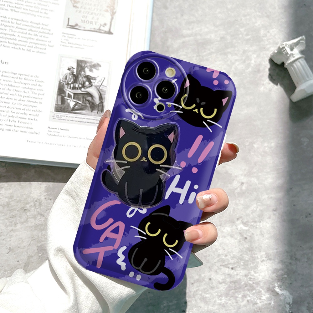 Oppo Reno 8T 4G A57 A16 A16K A17 A5S A12 A3S A12E A92 A52 F1S A53 A33 A31 A9 A5 A15 A15S A54 F9 C1 Graffiti Black Cat Air cushion TPU Phone Case Dengan Bracket Binteacase