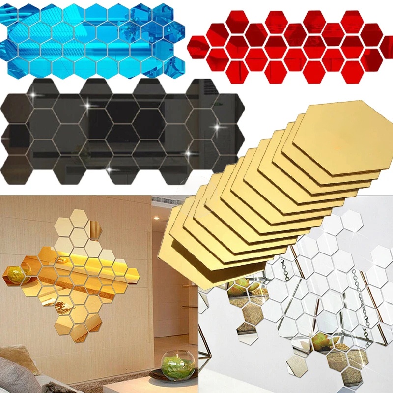 [Unggulan]3D Cermin Geometris Stiker Dinding Warna-Warni Hexagon Akrilik Mirror Sticker Removable Self Adhesive Mosaic Tiles Decals DIY Dekorasi Rumah Kamar Tidur Ruang Tamu Seni Cermin