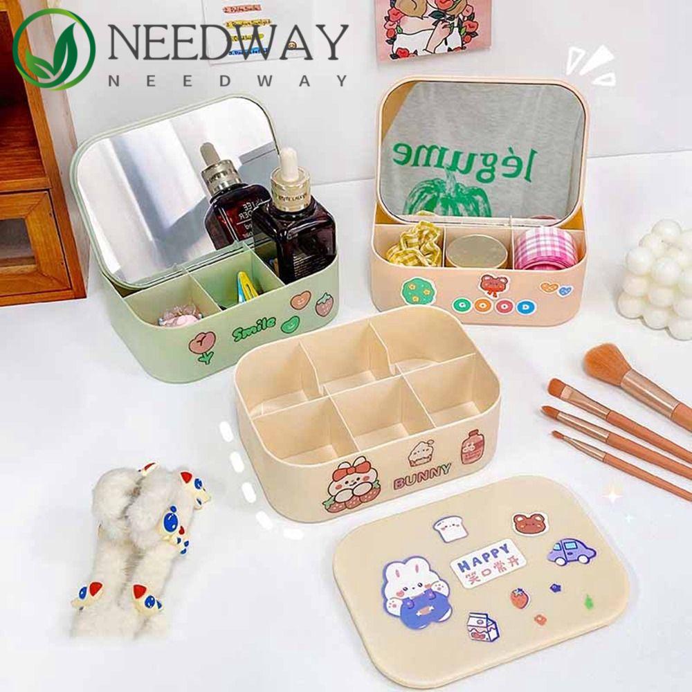 Needway   Kotak Perhiasan Fashion Multifungsi Sederhana Double-Layer Warna Solid Cincin Case Multi Grid Kapasitas Besar Kotak Penyimpanan Alat Tulis Cermin Kosmetik