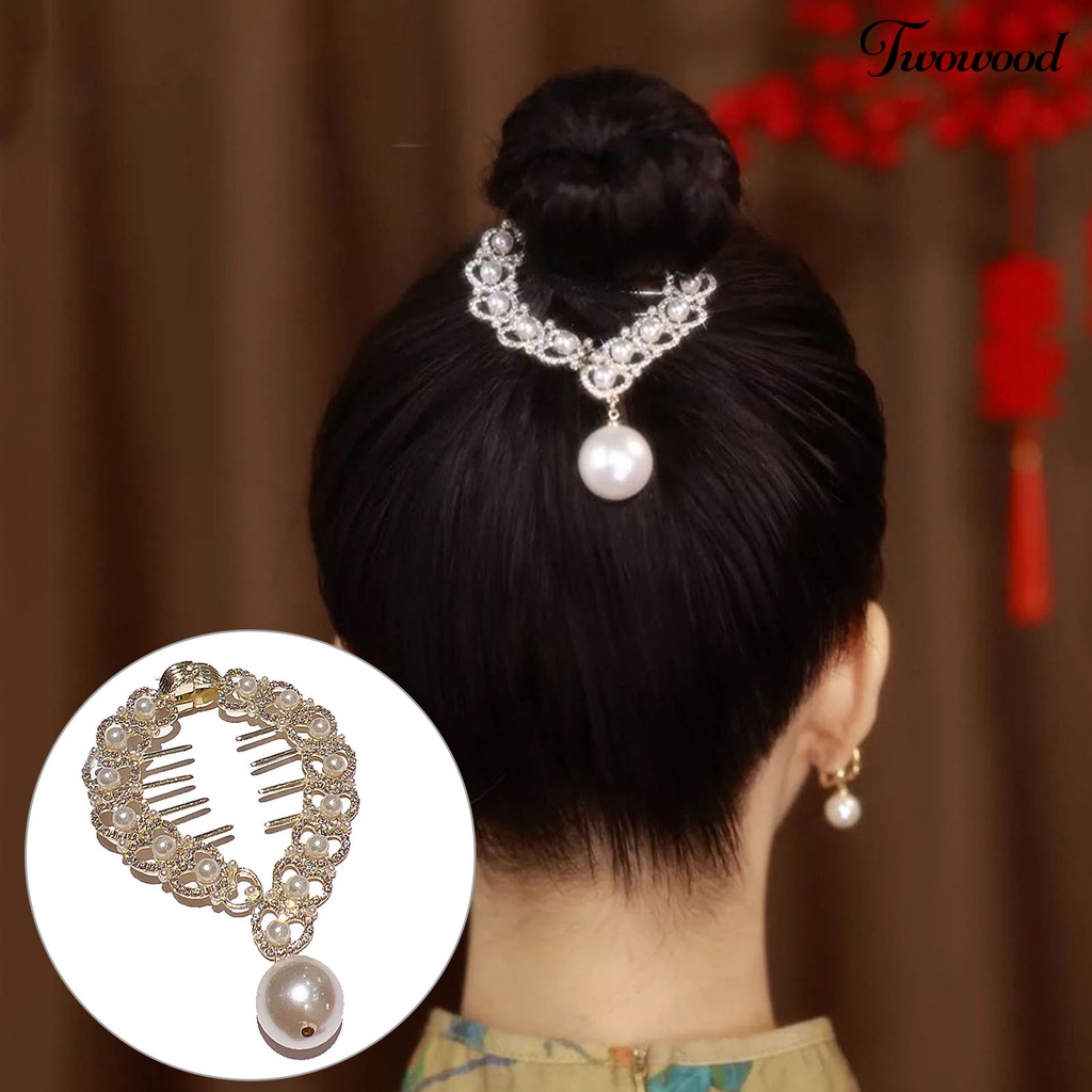 Twowood Ponytail Hair Clip Elegan Mutiara Imitasi Anti-slip Aksesoris Rambut Berlian Imitasi Bertatahkan Wanita Hair Bun Claw Clip Pakaian Sehari-Hari