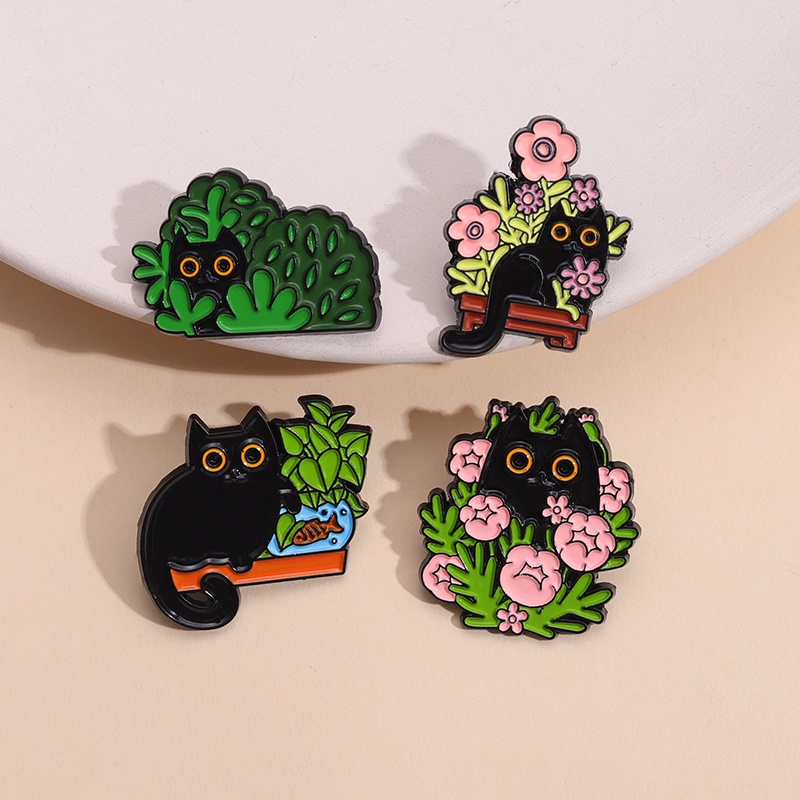 Kaktus Kucing Pot Enamel Pin Bros Bunga Tanaman Kartun Logam Wanita Anak Hadiah Aksesoris Lencana Hitam Hewan Kitten Perhiasan