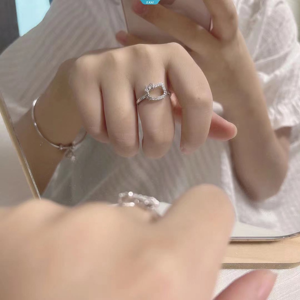 Sanrio Kalung Hello Kitty Kawaii Lucu Kartun Klavikula Rantai Berlian Cincin Liontin Sterling Silver Gadis Manis Hadiah Ulang Tahun [ZK]
