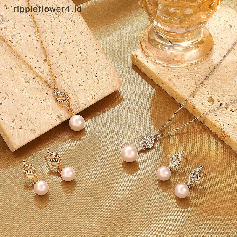 {rippleflower4.id} 3pcs/set Mutiara Imitasi Liontin Kalung Anting Set Wanita Berlian Imitasi Pernikahan Perjamuan Pesta Perhiasan Set Aksesoris Hadiah~