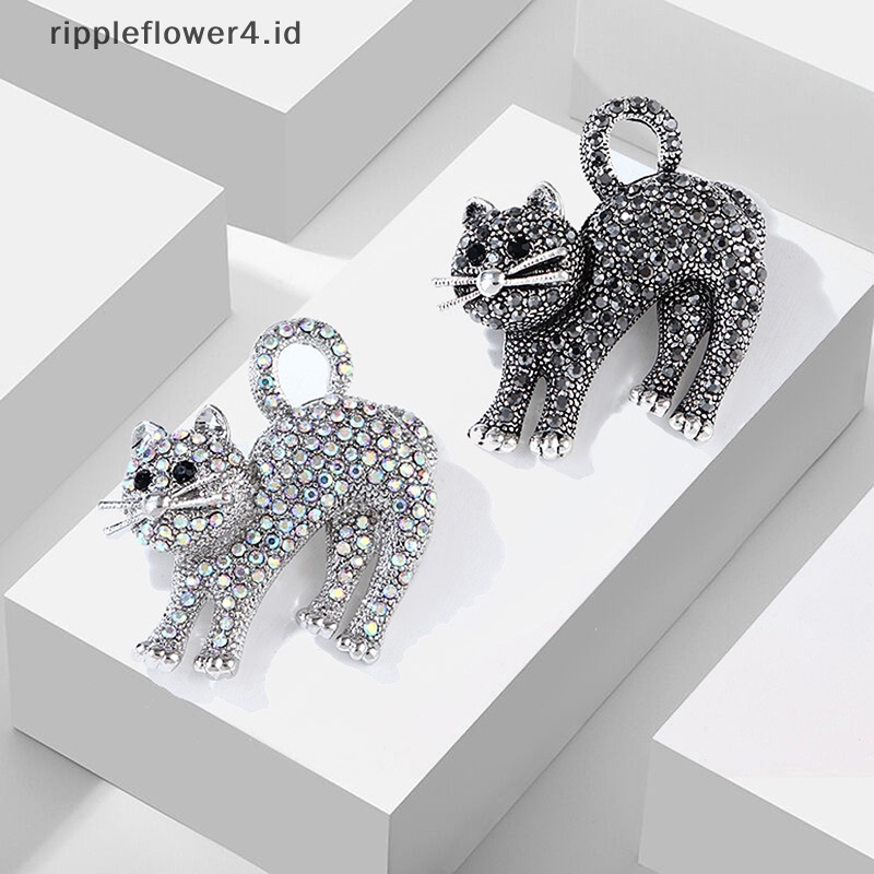 {rippleflower4.id} Fashion Berlian Imitasi Kucing Bros Pin Pakaian Wanita Mantel Pesta Aksesoris Hadiah~