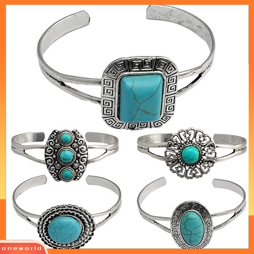 [WOD] Perhiasan Wanita Gaya Retro Geometris Turquoise Pembukaan Manset Bangle Gelang