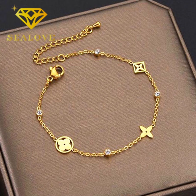 Gelang Titanium Wanita Anti Karat Bunga Keberuntungan Cantik Berlian Emas 18K Aksesoris Perhiasan