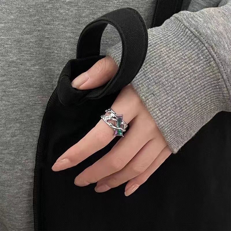 Punk Lava Cair Duri Pembukaan Cincin Yang Dapat Disesuaikan/ Wanita Retro Persegi Kristal Zirkon Jari Cincin/ Goth Berlubang-out Perhiasan Aksesoris