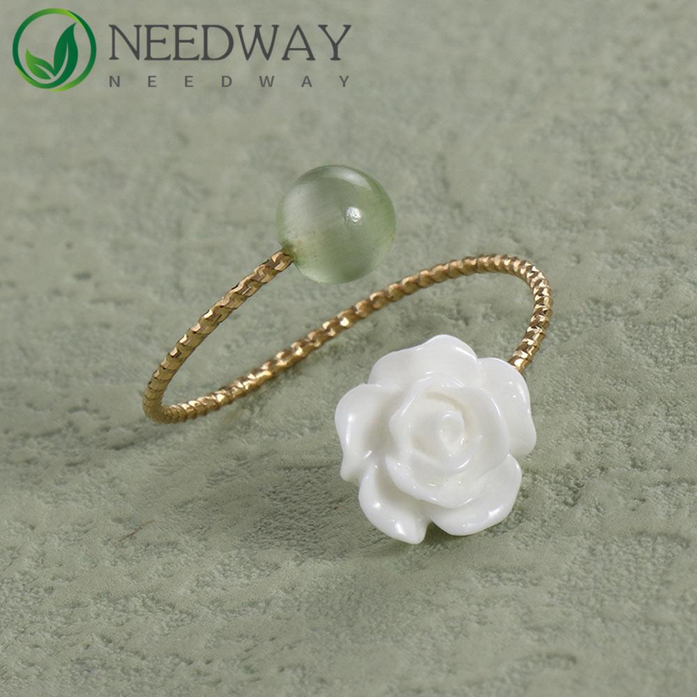 Needway  Hetian Jade Cincin Elegan Perhiasan Emas Bunga Mawar Putih Camelia Wanita Jari Cincin Gaya Cina Cincin