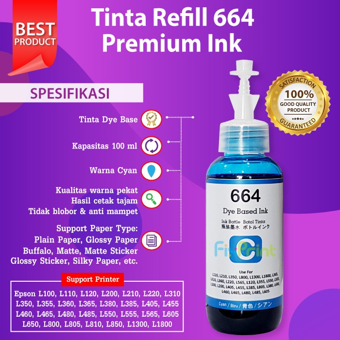 Tinta 664 Premium Refill Printer L110 L210 L220 L300 L310 L360 L120